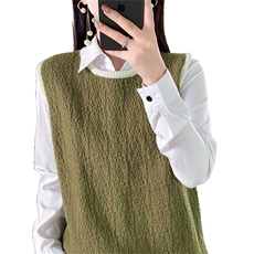 店主！韩系圆领撞色树皮褶针织套头衫女秋休闲叠穿无袖小背心，女装马甲，暖姿羊绒