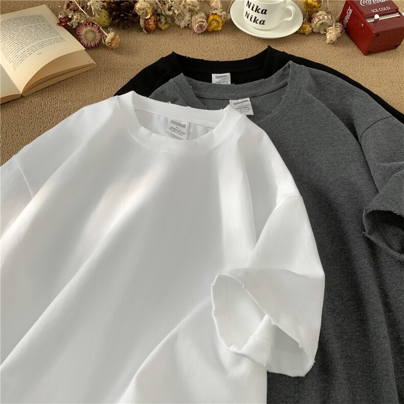 2025夏装新款破洞水洗300克双纱纯棉落肩短袖T恤A158-T18-P32，男装T恤，电商A158