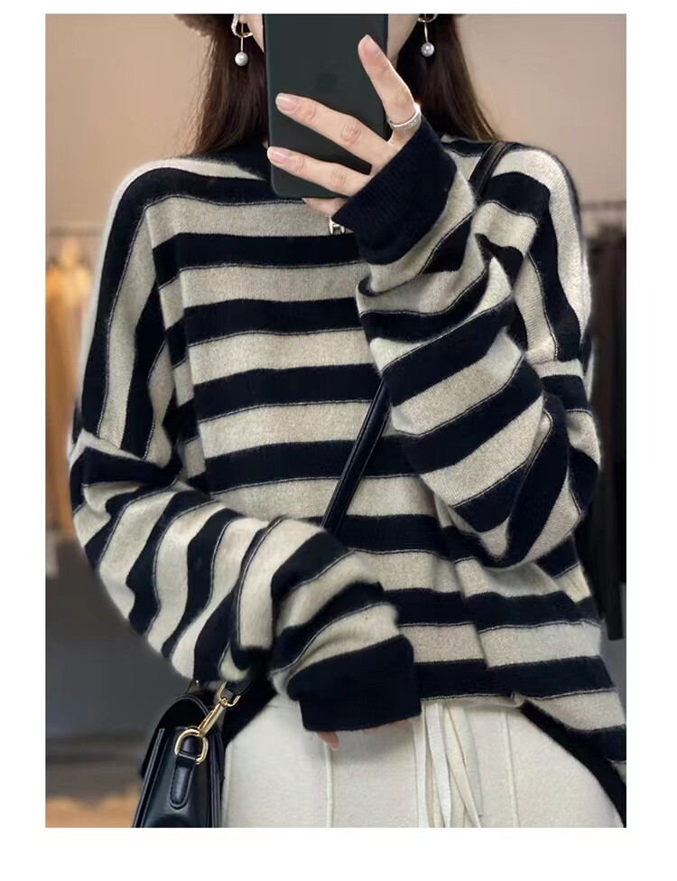 2025年秋季时尚百搭通勤简约休闲圆领黑白条纹慵懒系针织毛衣，女装羊毛衫，聚奥羊绒