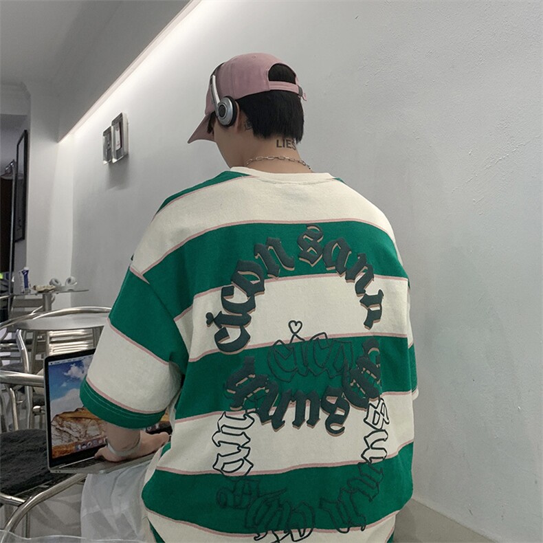 条纹短袖t恤男ins夏季美式嘻哈高街宽松情侣潮流五分半袖T015-P28,男装T恤,星座308B-1