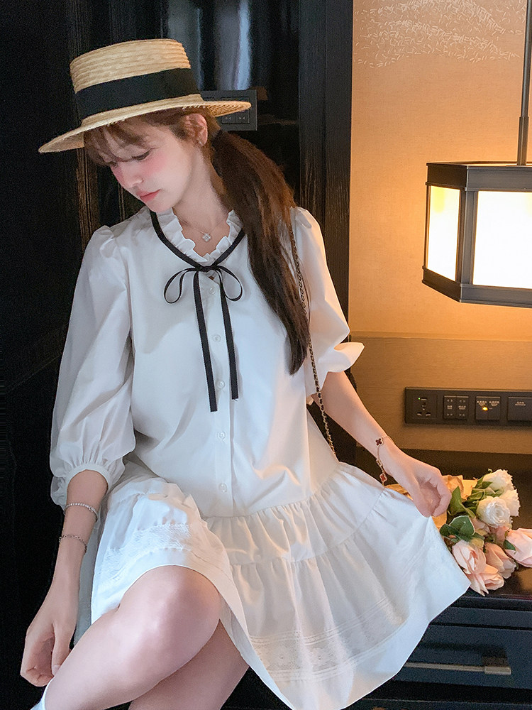 学院风甜美少女白色中袖连衣裙女2025春夏秋超火巨好看减龄小短裙,女装连衣裙,浙宝276（原081）