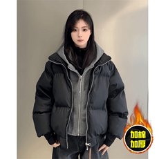 现货高品质重磅工艺美式高街假两件PU皮棉衣男女加厚棉服外套，男装棉衣，电商A443