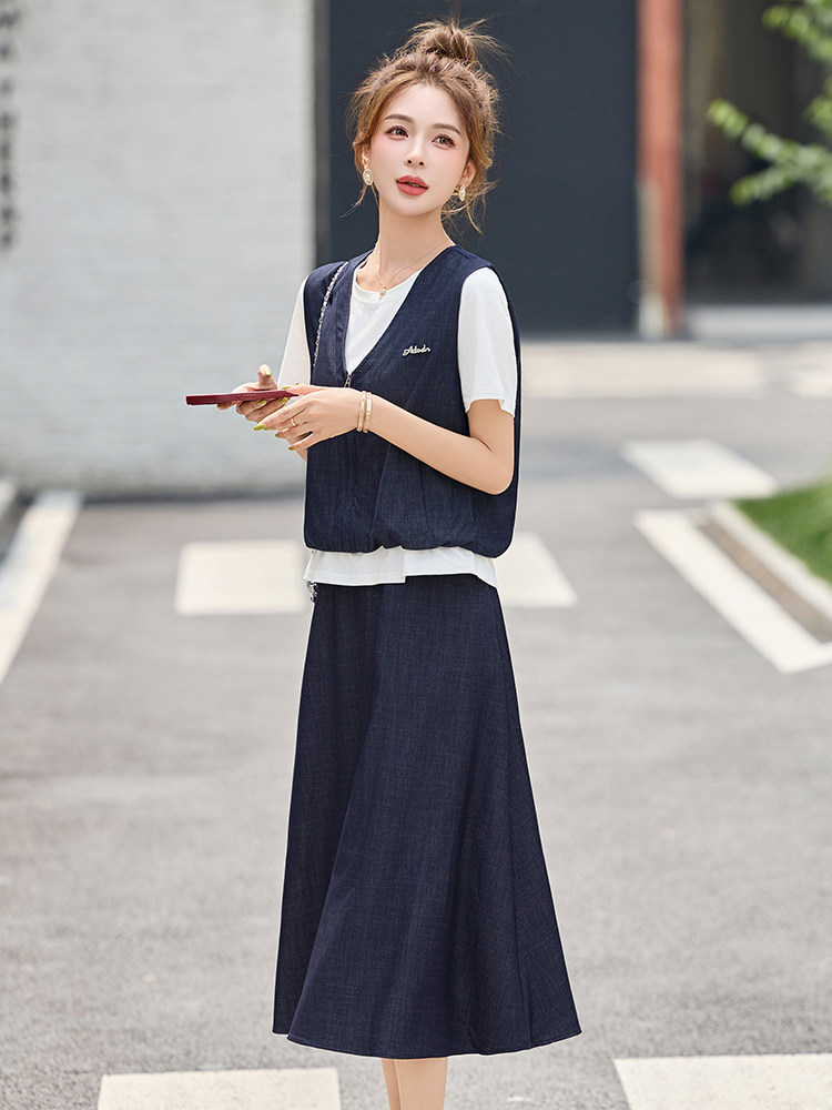 超好看时尚休闲牛仔套装裙女夏季撞色假两件上衣高腰半身裙两件套,女装套装/套裙,布芭啦