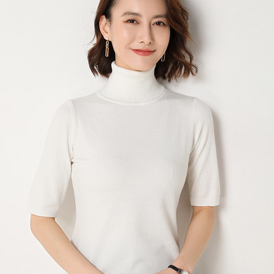 半高领短袖针织衫女短款套头五分袖打底衫,针织衫/毛衣,鄂维那特