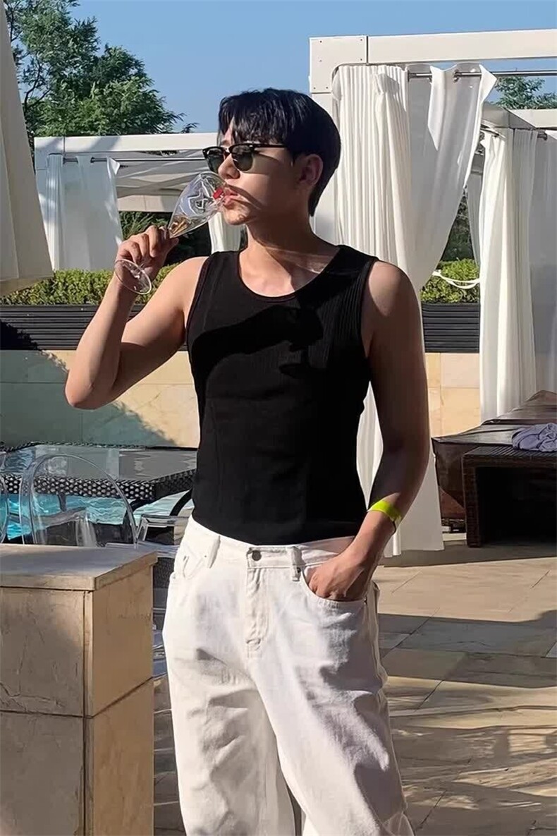 美式螺纹拼接坎肩背心男夏季收腰显肌肉无袖T恤美式健身运动汗衫,男装T恤,电商D256-2(原A064-2)