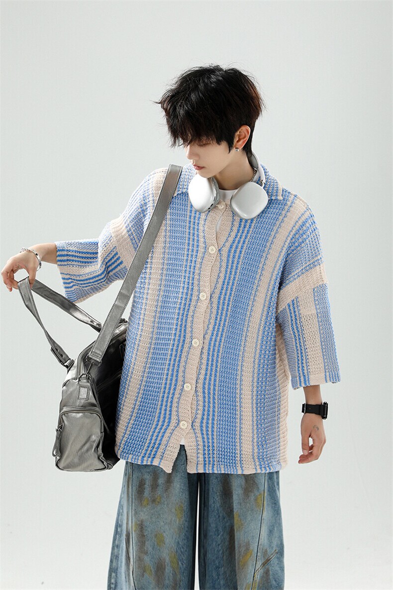 8XL-M特大码美式撞色新中式短袖衬衫男翻领休闲针织开衫DX312P35,男装T恤,电商D206-1