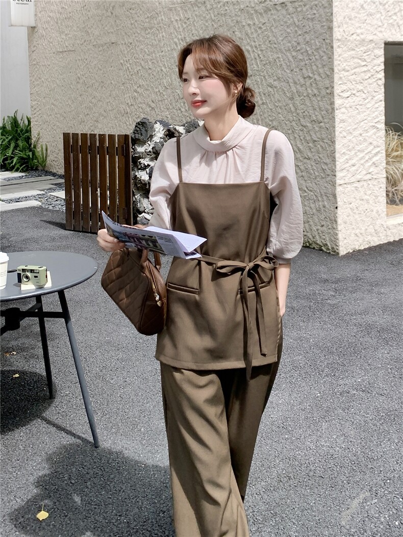 老钱风穿搭三件套女秋季2025新款气质显瘦吊带立体内搭阔腿裤套装,女装套装/套裙,含赞