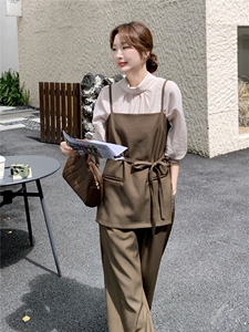 老钱风穿搭三件套女秋季2025新款气质显瘦吊带立体内搭阔腿裤套装图片