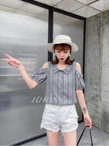 2021年夏季新款格子漏肩小衫，女装，红火丹妮