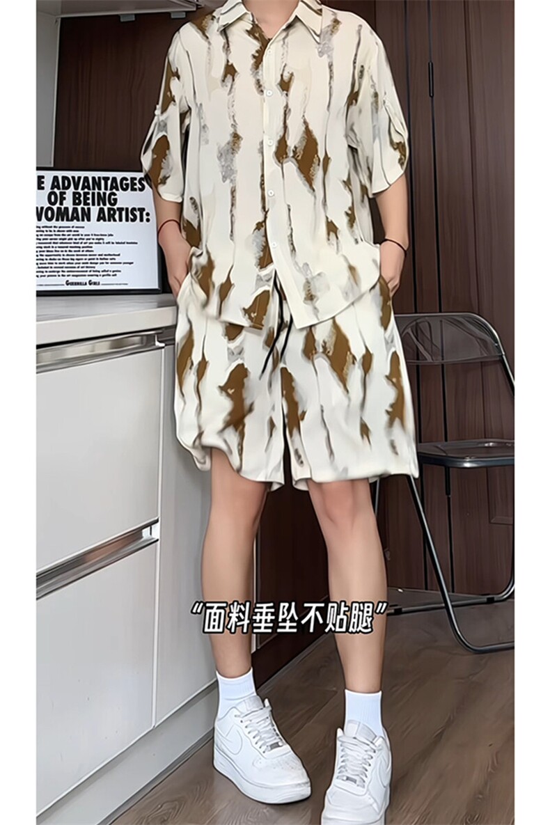 短袖衬衫男+短裤男套装男100%聚酯纤维M-5XL大码TZ78722P50控98,男装牛仔裤,星座226-1