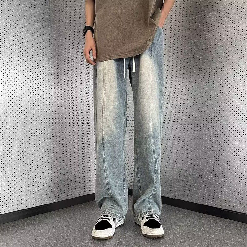 青春流行ins直筒拉链长裤拼料潮水洗新款中腰男牛仔裤N6033P40,男装牛仔裤,星座1116-2