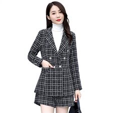 清仓春秋新款女装时髦格子毛呢小西装外套百搭短裤呢子，女装职业装，韩美纤衣