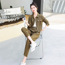 休闲时尚套装女炸街减龄洋气韩版显瘦牛仔外套长裤两件套工装欧货，女装套装/套裙，韩美纤衣