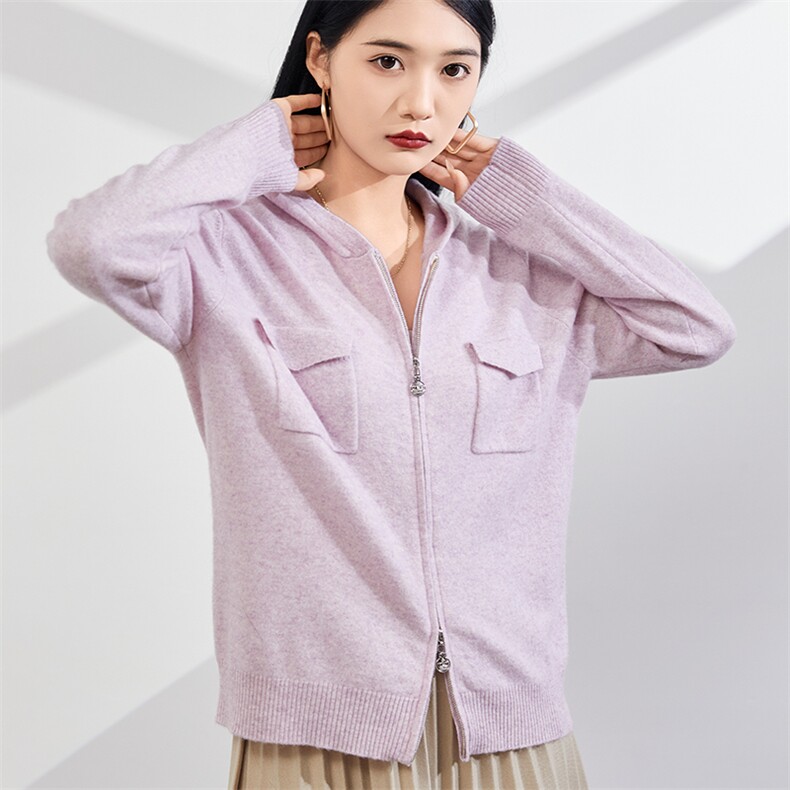 时尚百搭秋冬新款羊绒双兜拉链长袖帽衫,女装羊绒衫,美够羊绒