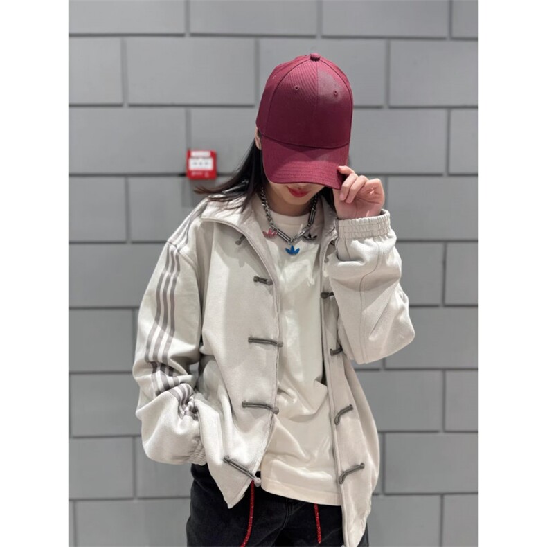 麂皮绒风盘扣外套男女棒球服三条杠运动开衫夹克卫衣,男装夹克,四季星座505