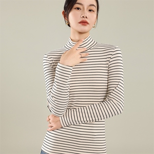 半高领德绒条纹打底衫女内搭秋冬季磨毛加厚保暖中领长袖t恤上衣图片