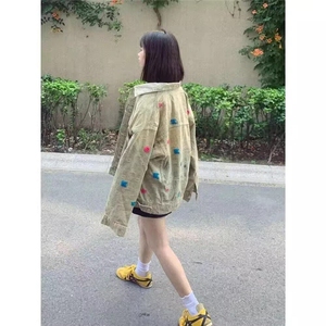现货美式高街轻奢感法系背面提花翻领水洗做旧毛巾绣宽松牛仔外套图片