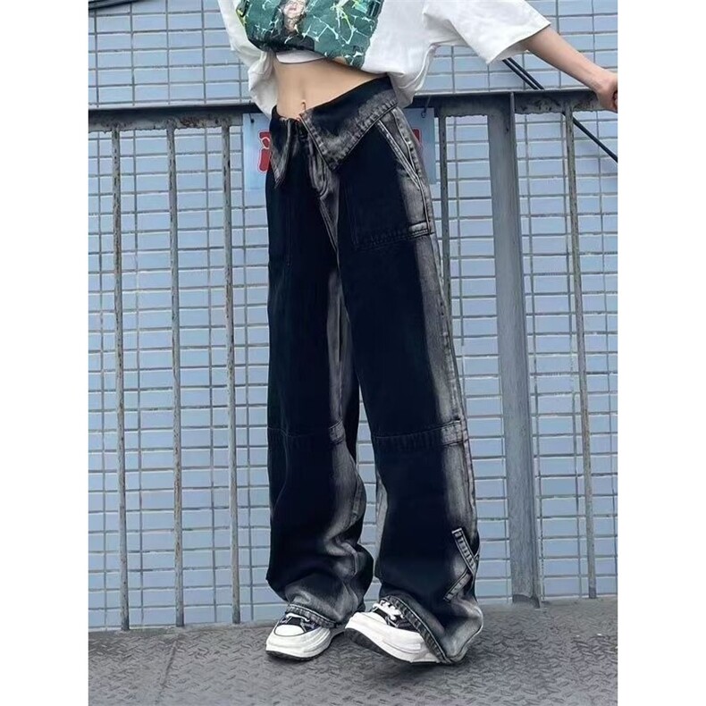 美式vibe高街翻边直筒牛仔裤夏设计感扎染渐变高腰宽松显瘦阔腿裤,男装牛仔裤,星座1210-1