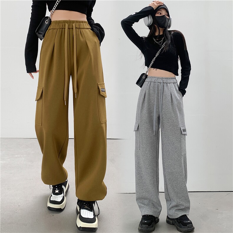 2023秋冬新款美式工装卫裤女宽松休闲复古红色跳舞运动阔腿裤潮图片