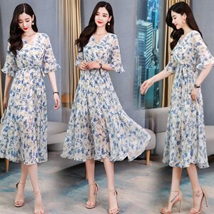 大摆型花色中腰A型雪纺2021年夏季通勤气质百搭连衣裙,女装连衣裙,丽美静依