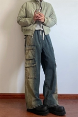 B221美式ins高街重工艺宽松做旧工装牛仔裤子LK23143-P80控108，男装牛仔裤，电商B221