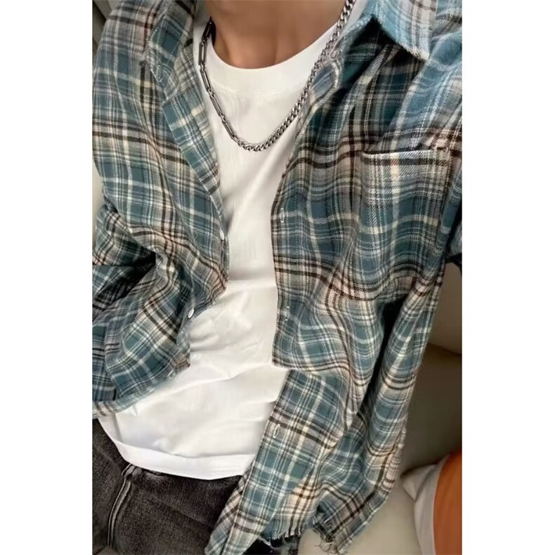 撞色格子衬衫男款夏天薄款cleanfit美式复古短袖外套高级感衬衣,男装衬衫,星座506A