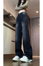 现货秋冬美式黑色渐变裤子男竹节纹直筒牛仔裤女K657-P50控68，男装牛仔裤，星座205-5