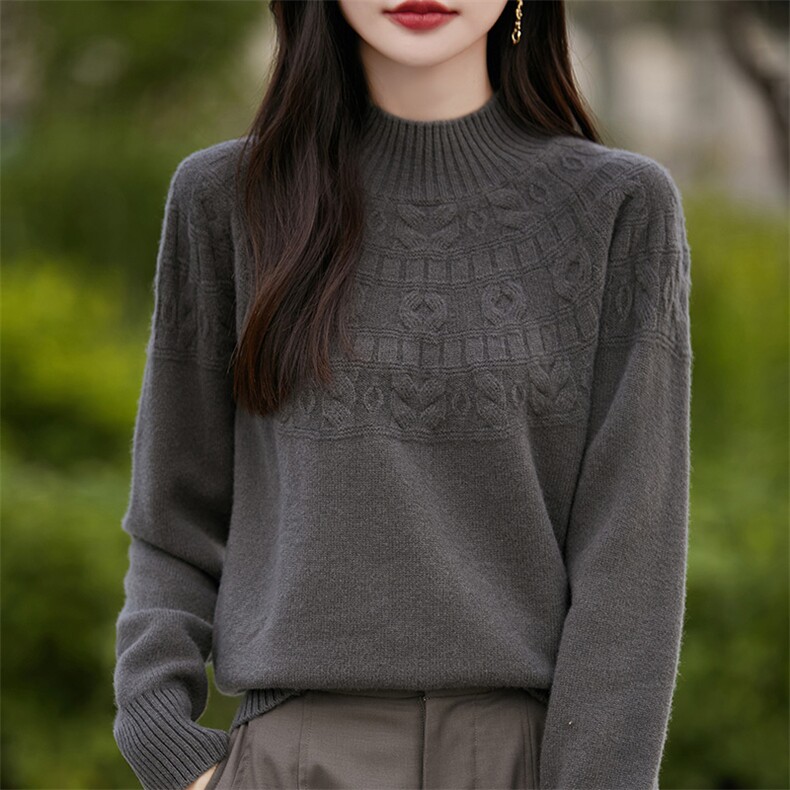 2025秋冬半高领厚款针织打底衫女纯羊毛提花内搭长袖毛衣纯色上衣,女装羊毛衫,片语羊绒