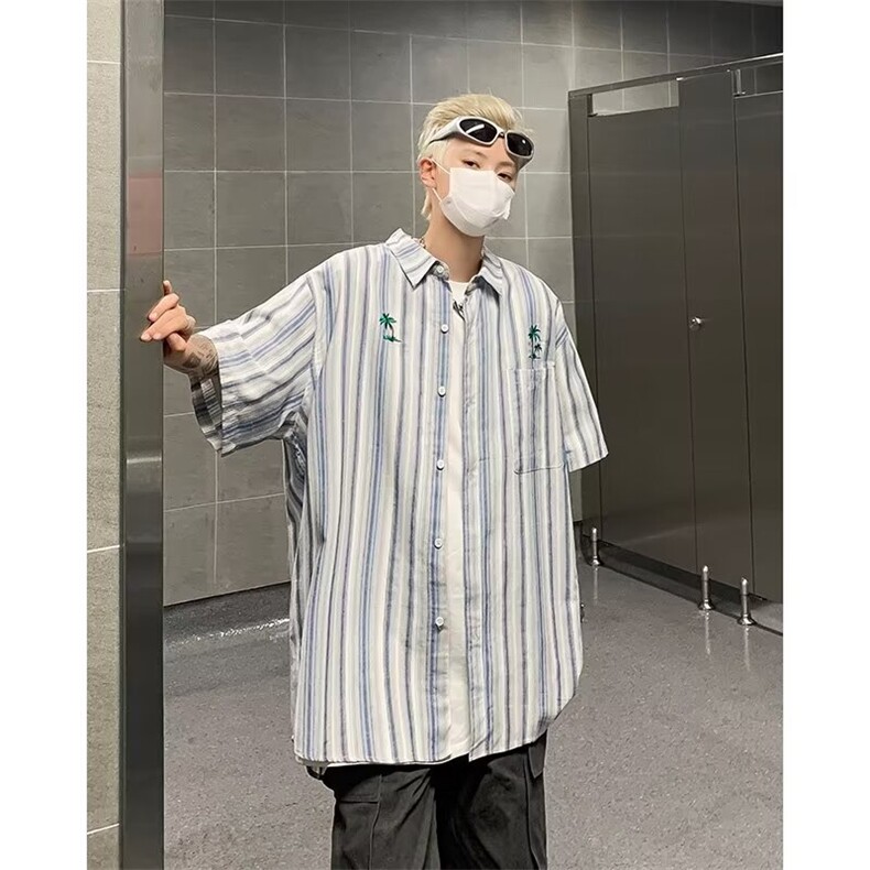 日系刺绣短袖衬衫夏季情侣款竖条纹宽松休闲衬衣男女同款上衣,男装衬衫,星座1013