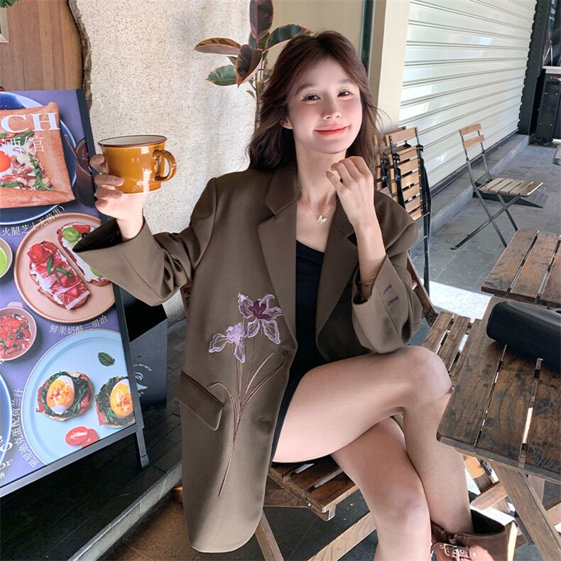咖色美拉德印花西服上衣女2025春秋新款韩版休闲显瘦气质西装外套,女装西装,2C031