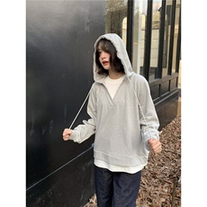 美式简约叠穿假两件连帽卫衣男春秋季宽松休闲慵懒情侣上衣潮，男装卫衣，星座506A
