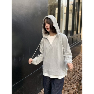 美式简约叠穿假两件连帽卫衣男春秋季宽松休闲慵懒情侣上衣潮图片