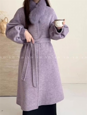 【依嘟】2025秋冬新款贵气感毛领灯笼袖羊毛外套(配毛领狐狸，女装双面呢大衣，依嘟服饰