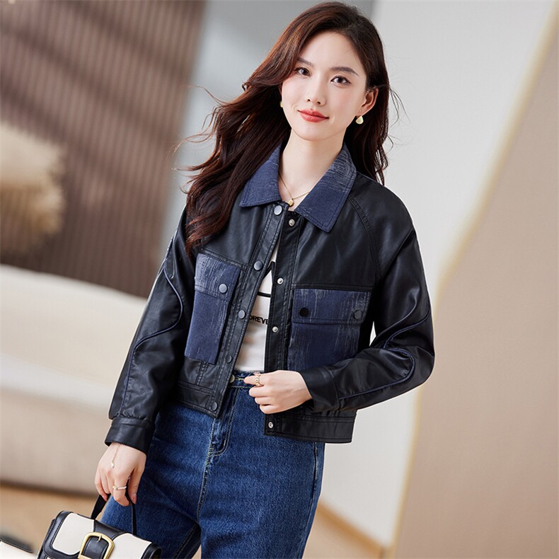 拼接皮衣外套女春秋机车PU夹克短款B款时尚欧货高级感2023年新款,女装皮衣,江南女神