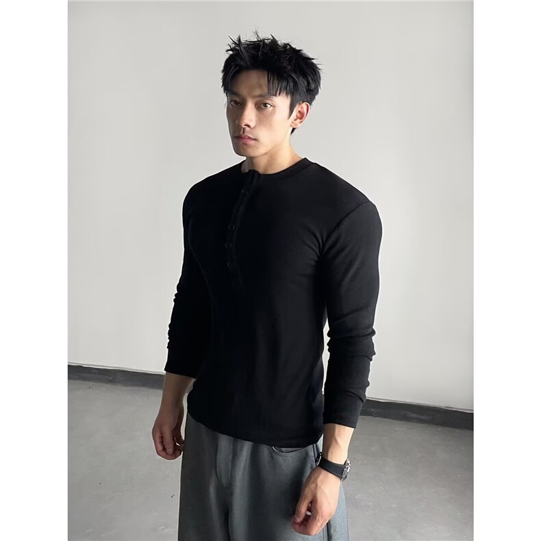 1506/QCW2100/P50潮流感亨利领长袖针织衫上衣罗纹底摆毛衣,男装针织衫/毛衣,星座1506