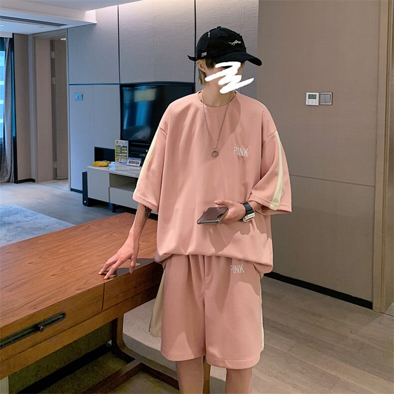 2026夏装华夫格拼接绣花休闲运动套装五分短裤TZ808/P65粉红,男装休闲套装,电商A094