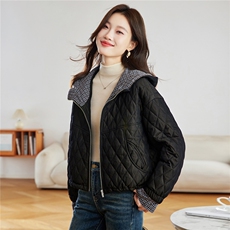 2025年冬季格子撞色连帽菱形格夹棉棉服短外套棉衣，女装棉衣/棉服，简韵佳
