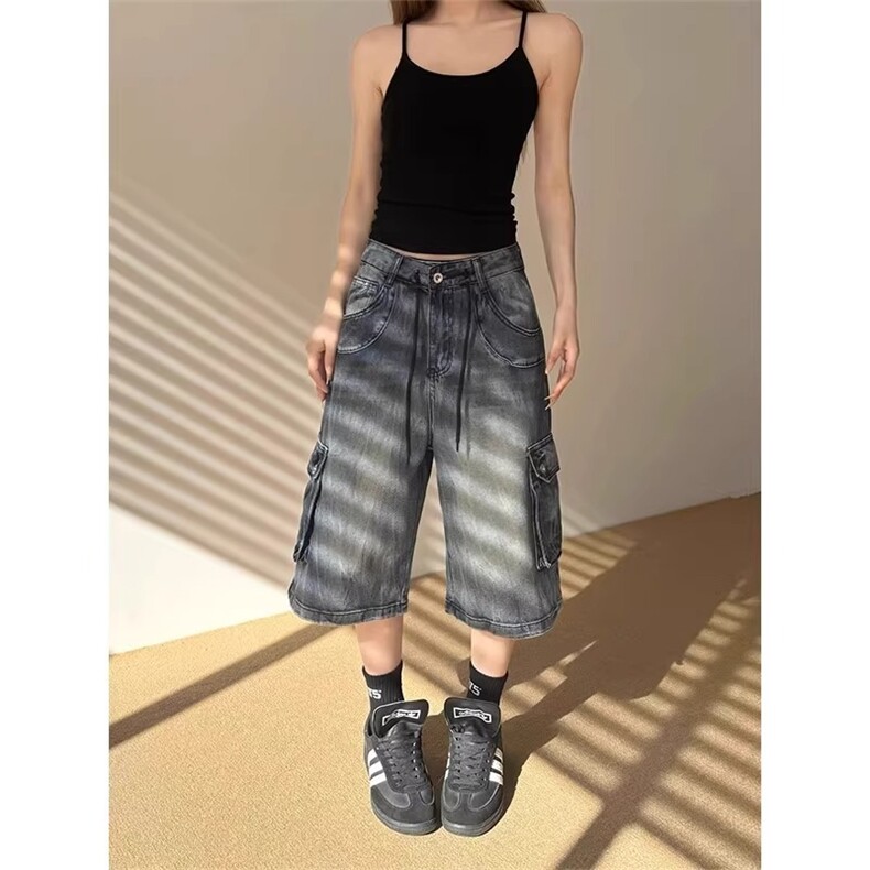 水洗工装牛仔短裤男女款夏季美式宽松做旧阔腿七分裤ZA2107-P49，男装牛仔裤，星座208-5