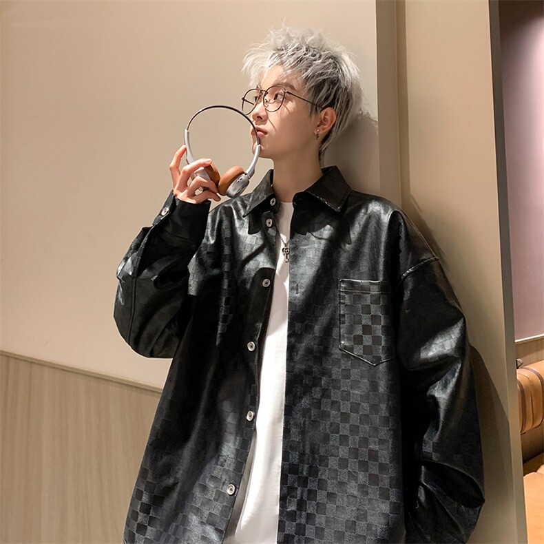新款韩系潮流棋盘格皮衣休闲衬衣复古外套PC304-P75-控118,男装衬衫,星座310A-3