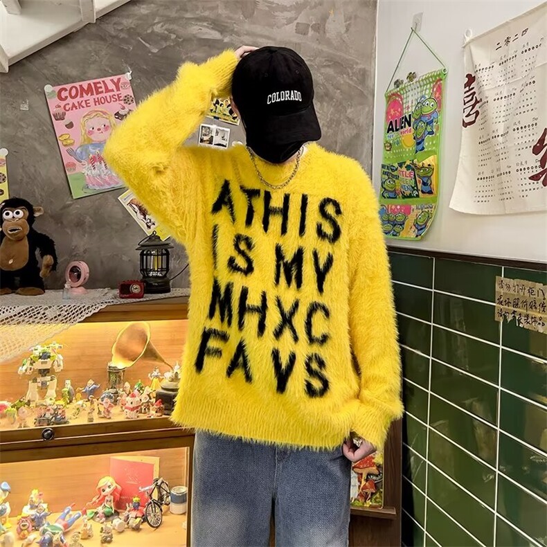 秋冬休闲新款美式复古字母水貂毛慵懒风毛衣情侣休闲针织衫外套，男装针织衫/毛衣，星座1013