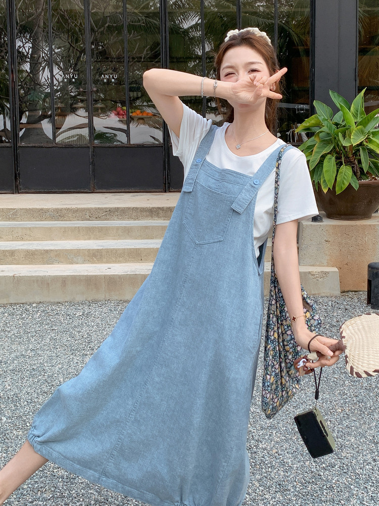 休闲减龄牛仔背带连衣裙套装女夏季新款学院风洋气时尚T恤两件套,女装套装/套裙,慧尚2-185