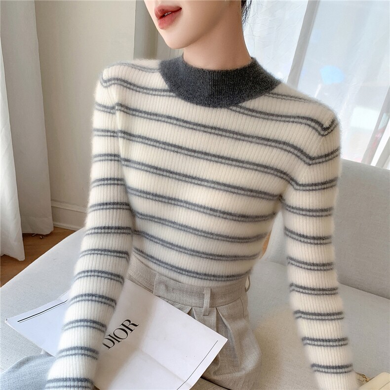 减龄撞色条纹~软糯小山羊绒衫女半高领长袖保暖修身针织打底毛衣,女装羊毛衫,拓驰羊绒