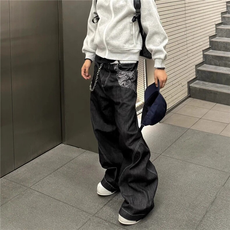 青花瓷提花黑色原牛弯刀牛仔裤男款痞帅高级感裤子垂感宽松阔腿裤图片