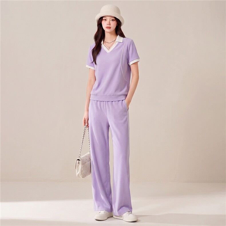 盐系高级感休闲运动时尚套装女夏季减龄翻领短袖上衣阔腿裤两件套,女装套装/套裙,江南