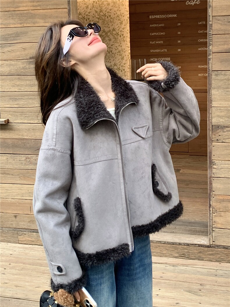 立领加厚保暖皮毛一体外套女短款机车服冬季宽松麂皮绒羊羔毛棉衣,女装短外套,艾米莉亚