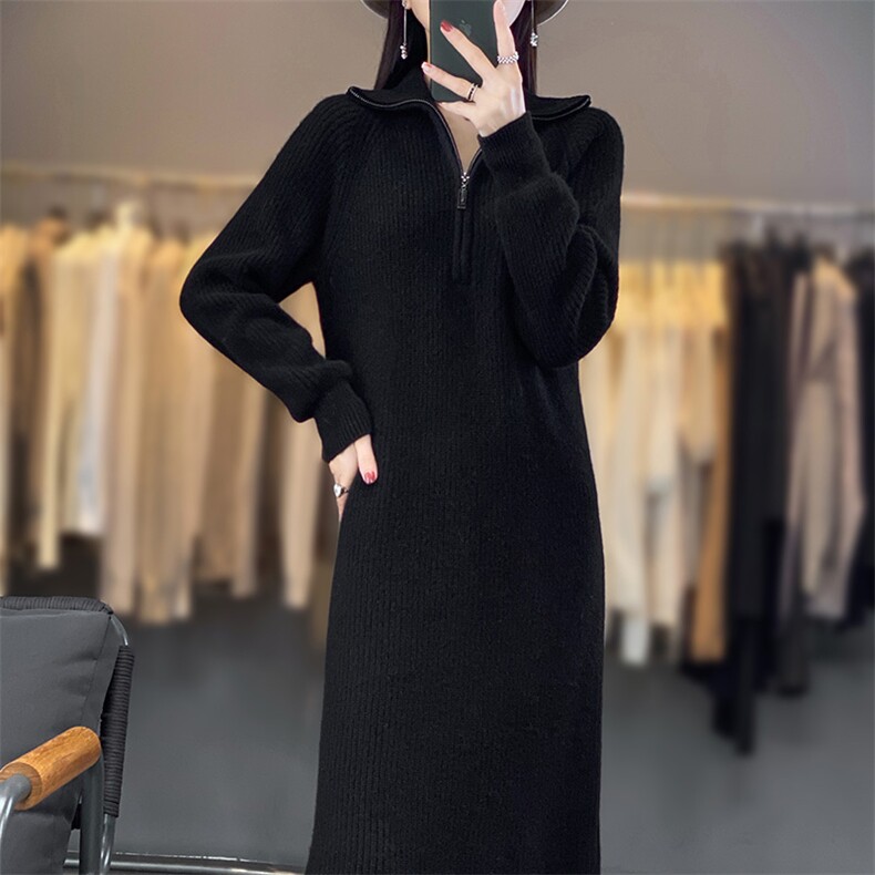 女士羊毛衫女秋冬季保暖针织POLO领羊毛裙,女装连衣裙,暖思雅