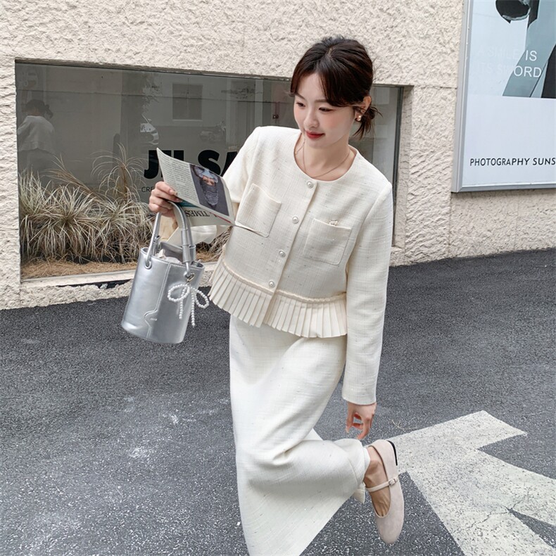 现货-2026年春季法式优雅压褶拼接两件套套裙女温柔风气质穿搭,女装套装/套裙,霓裳依族