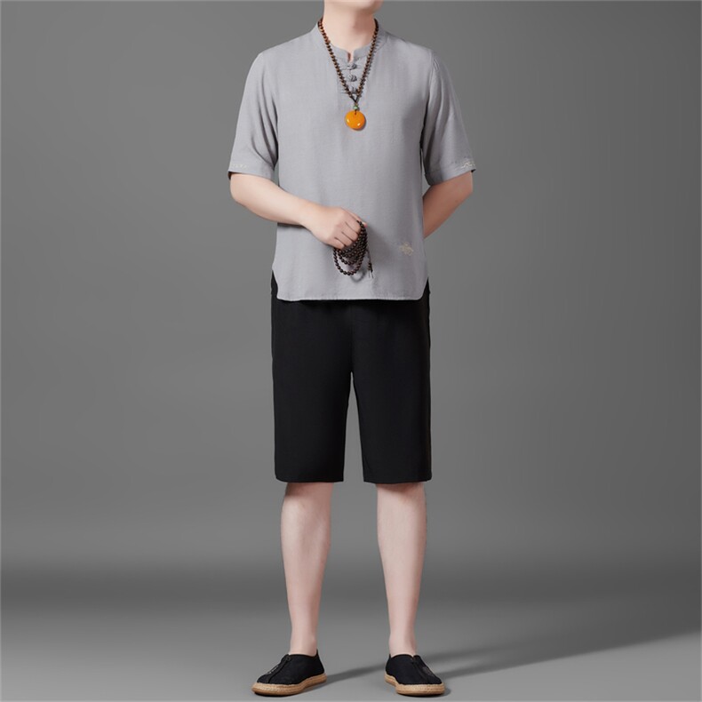 棉麻盘扣2025夏季亚麻绣花大码风男士透气短裤套装MJ5105B-P95,男装休闲套装,星座1105-3