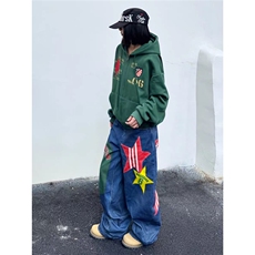 美式复古纽扣绑带叠穿弯刀牛仔裤男2025秋季新款设计感宽松阔腿裤，男装牛仔裤，星座715-4