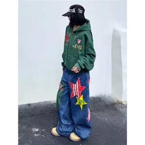 美式复古纽扣绑带叠穿弯刀牛仔裤男2025秋季新款设计感宽松阔腿裤图片